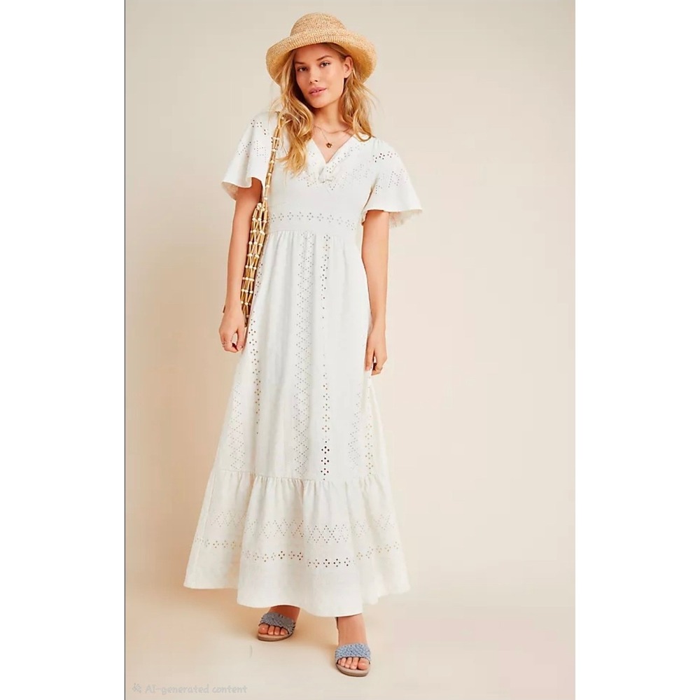 Mauve White Rochelle Eyelet Maxi Lace VNeck Flutter Sleeve Boho Tiered Dress S